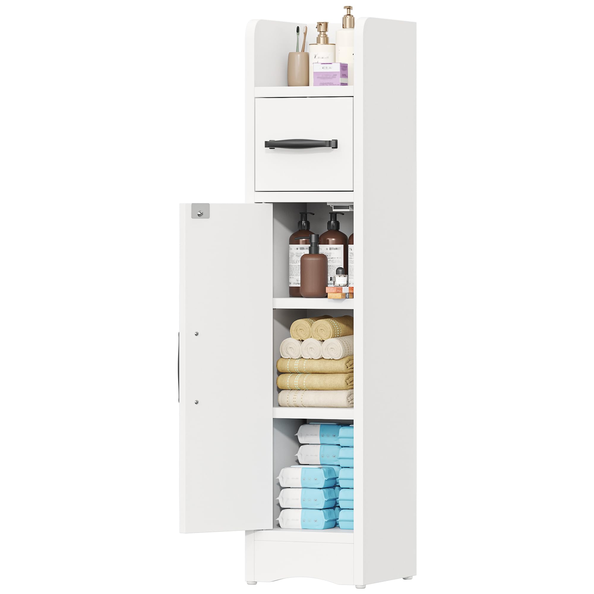 GoaHi Slim Bathroom Floor Cabinet with Drawer and Shelves, Freestanding Bathroom Storage Unit, Narrow Bathroom Storage Cabinet, Adjustable Shelves, White