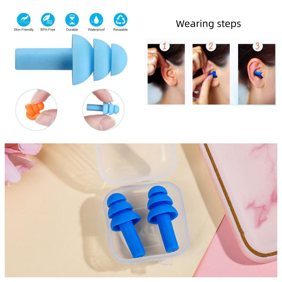 Tapones de silicona para los oídos, cómodos, impermeables, reutilizables, de silicona, para natación, ducha, natación, surf, 6 pares