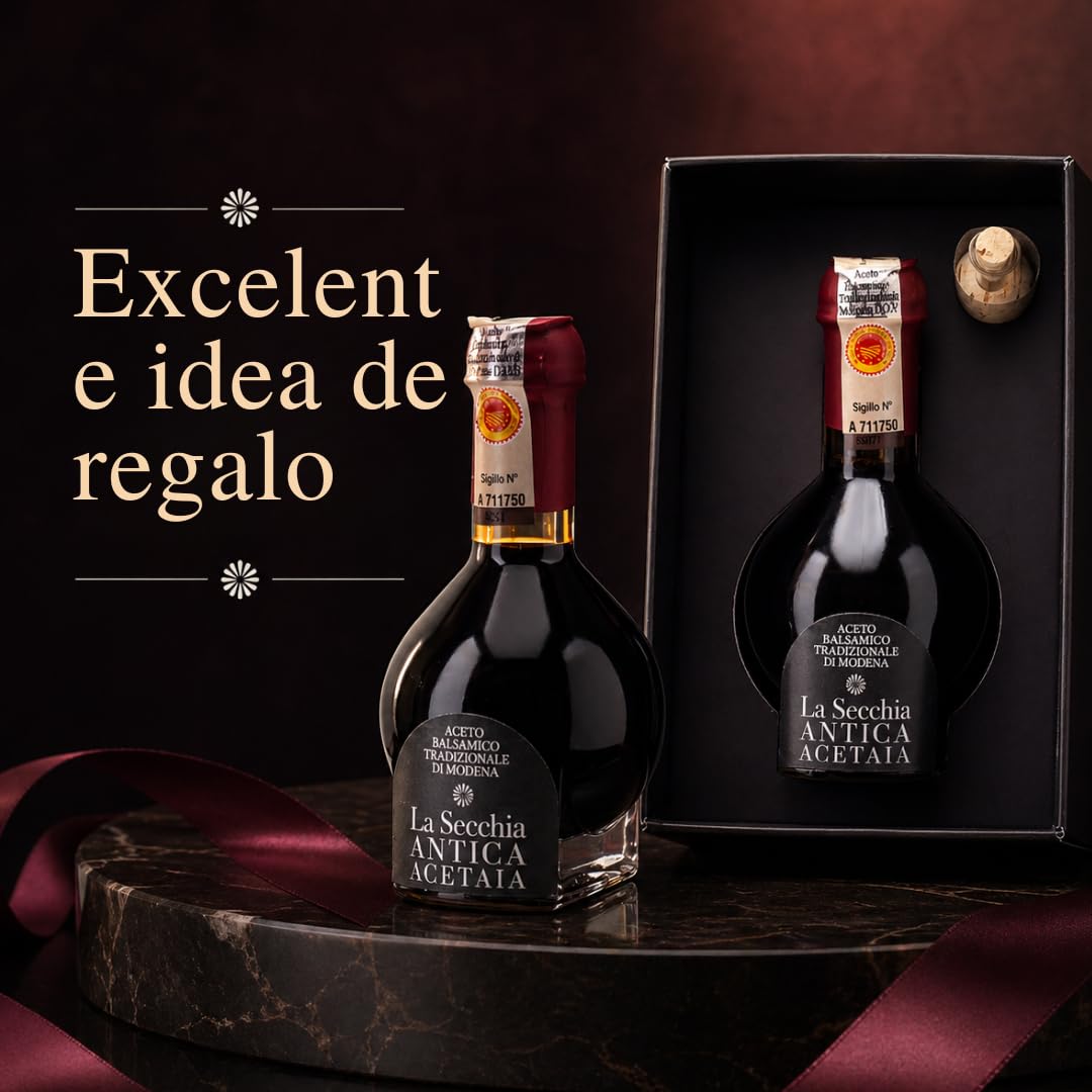 La Secchia - "Affinato", Vinagre Balsámico Tradicional de Módena DOP, Envejecido Mínimo 12 Años, Botella 100 ml con Estuche y Dosificador de Vidrio Soplado, Idea de Regalo