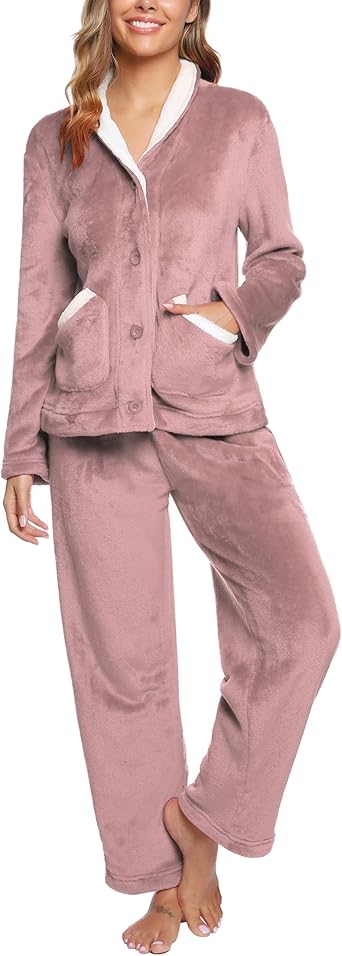 iClosam Womens Pyjama Set Fleece Button Top with Pockets and Pyjama Bottoms