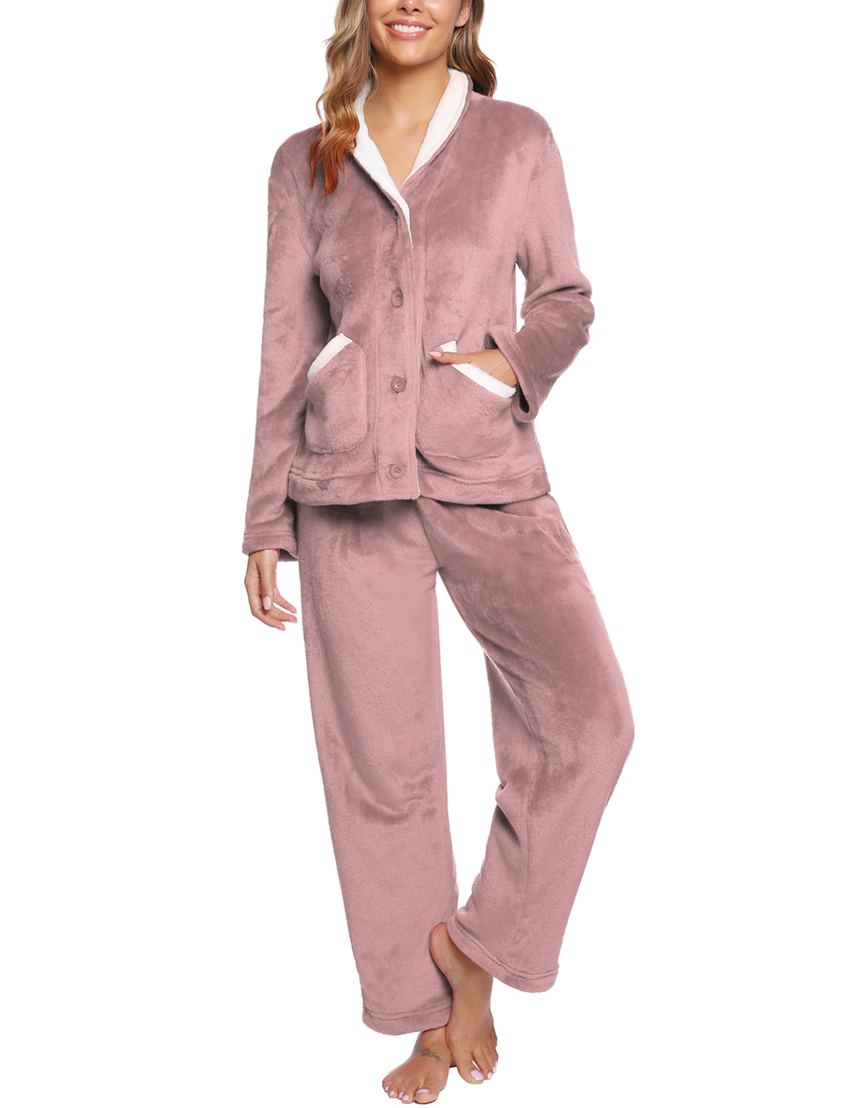 iClosam Pigiama Donna Invernale Flanella Pigiama Felpato Donna Caldo Pigiama Donna Lungo con Scollo a V Pigiami Due Pezzi da Donna Lungo con Bottoni Morbido e Confortevole S-XXL