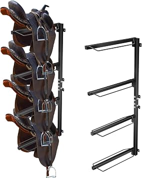 4 Tier Saddle Rack Wall Mount,Horse Saddle Storage Rack | For Western and English Saddle - Heavy Duty Steel Stand Supports to 300LB, Holds Tack, Pad, Accessories etc for Horses-Black