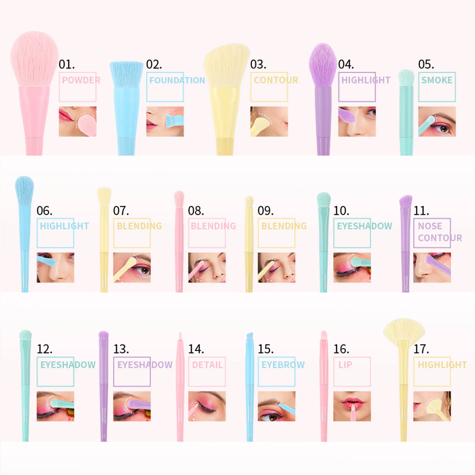 Makeup Brush Set 17pcs Makeup Brushes Candy Colors Soft Thick Aluminum Tube Cosmetic Brush Kit for Dating Party Outdoor - Image 2