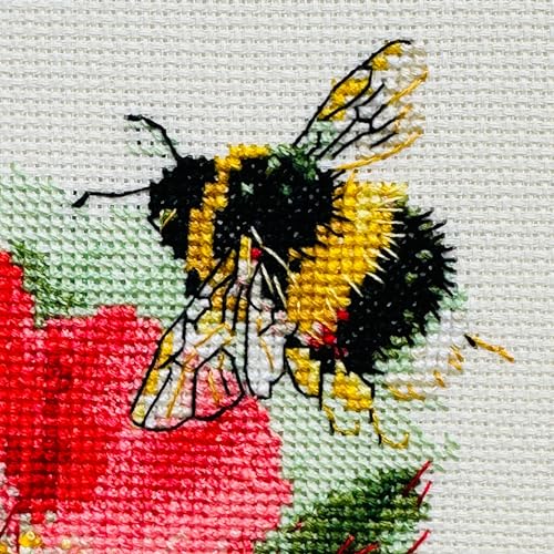 Image of RIOLIS - Furry Bumblebee 2210, Animals Cross Stitch Kits 6 inchx6 inch, Flowers Cross Stitch Kits for Beginners & Advanced, Crossstitching Kit Adult, Floral Embroidery Counted Stitching Kit