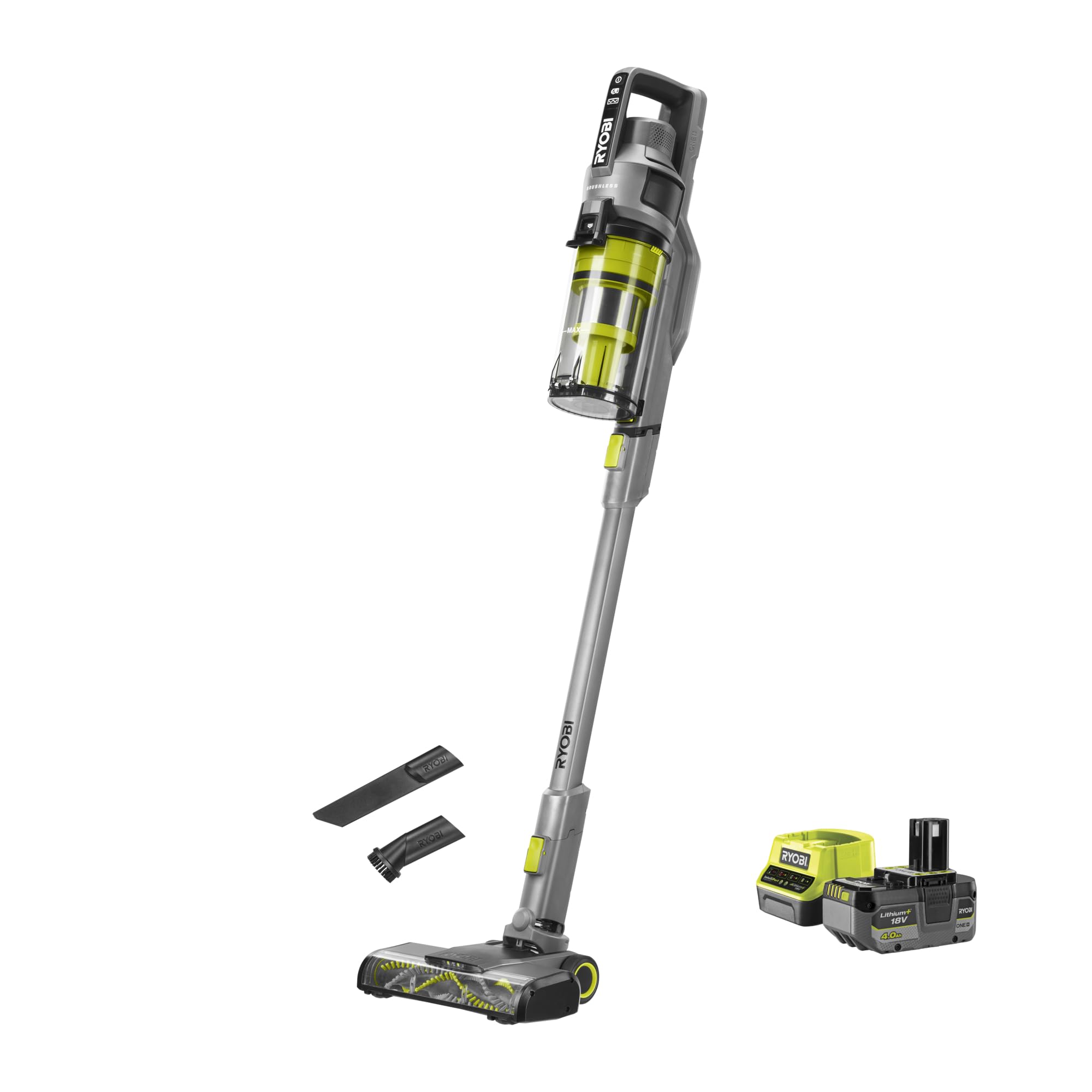 RYOBI Aspirapolvere Brushless Senza Fili a Batteria 18V ONE+ con Spazzola Motorizzata 26,5 cm, Batteria 4.0 Ah e Caricabatterie – Pulizia Profonda di Tappeti e Pavimenti, RSVS18BL-1C40G