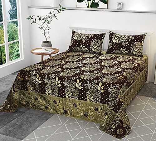Image of Velvet Queen Size Bedsheet Set, 3 Piece Jaquard Weaved Long Life bedsheet with 2 Pillow Covers, Coffee Colour (Cream)