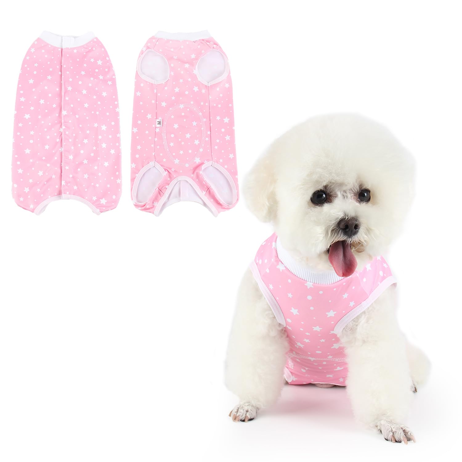 Pawcomon Dog Surgery Recovery Suit Puppy Surgical Clothes Abdominal Wounds Anti-Licking Dog Bodysuit Onesie Substitute E-Collar& Cone Pink Star M