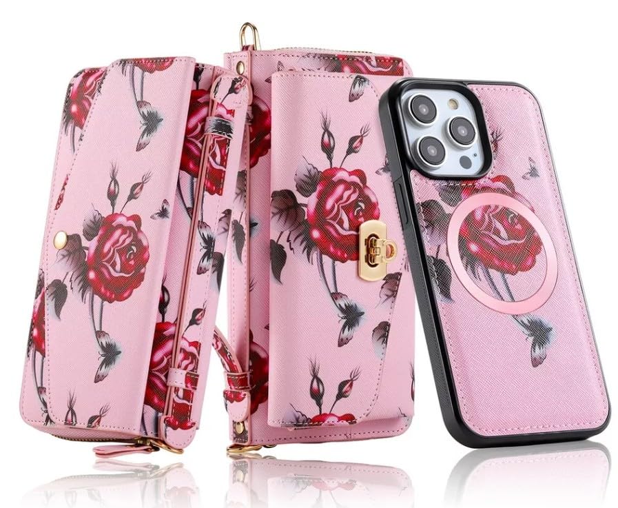 Housse cuir iPhone 16 rose motif fleur de haute finition