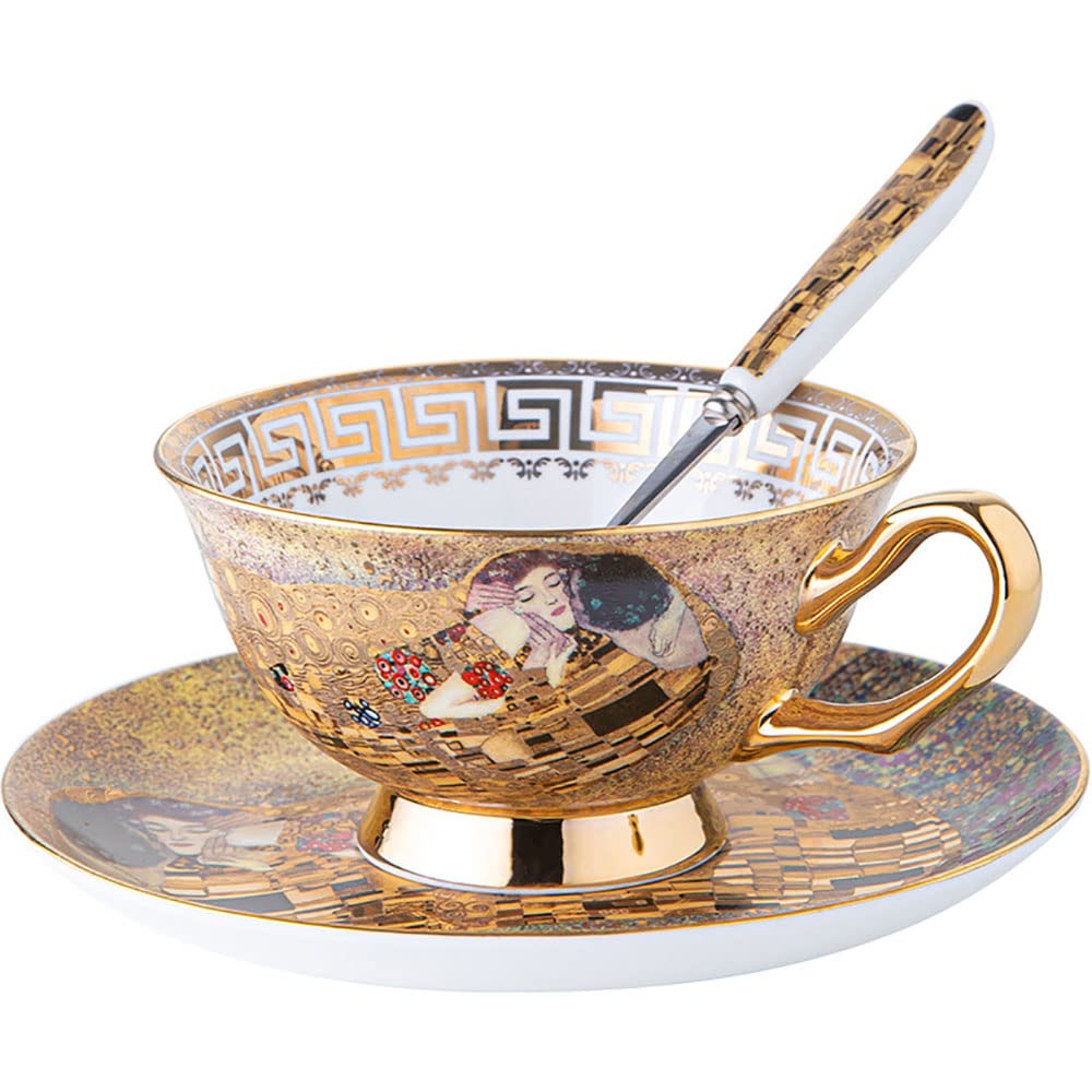 Ebrima European Bone China Cup & Saucer Set, Ceramic Tea & Coffee Cup Set with Spoon for Home, Kitchen, Wedding