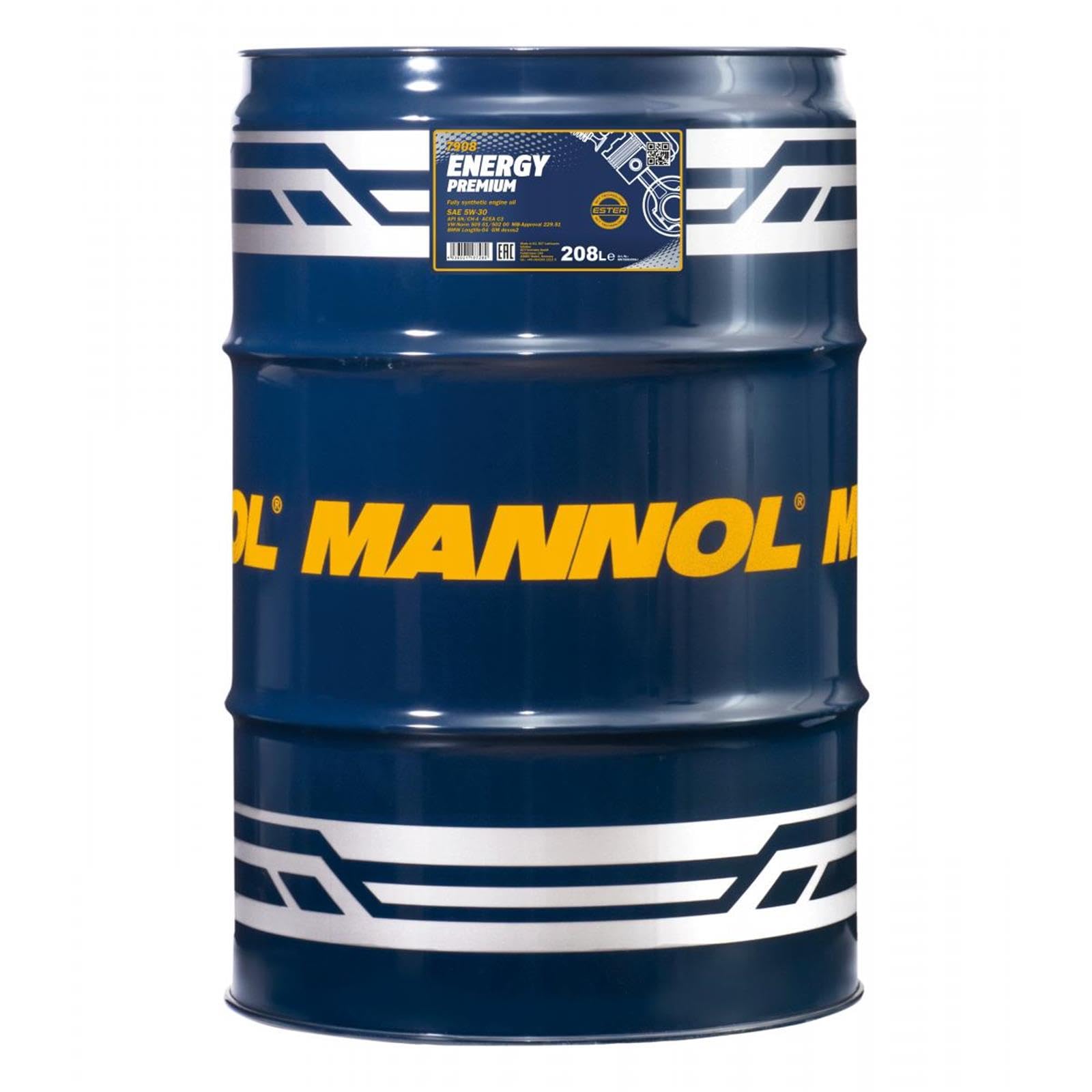 MANNOL 7908 Energy Premium Motoröl 5W-30 für Benzin und Diesel, 208L | Synthetisches Motoröl, API SP, ACEA C2/C3, ILSAC GF-6A, auch für LPG, LNG und Turbo, starker Verschleißschutz