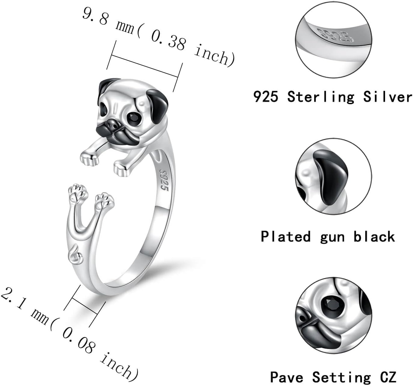 Sariel 925 Sterling Silver Pug German Shepherd Labrador French Bulldog Dog Rings Adjustable Pug Lover Jewelry Gifts for Women - Image 4