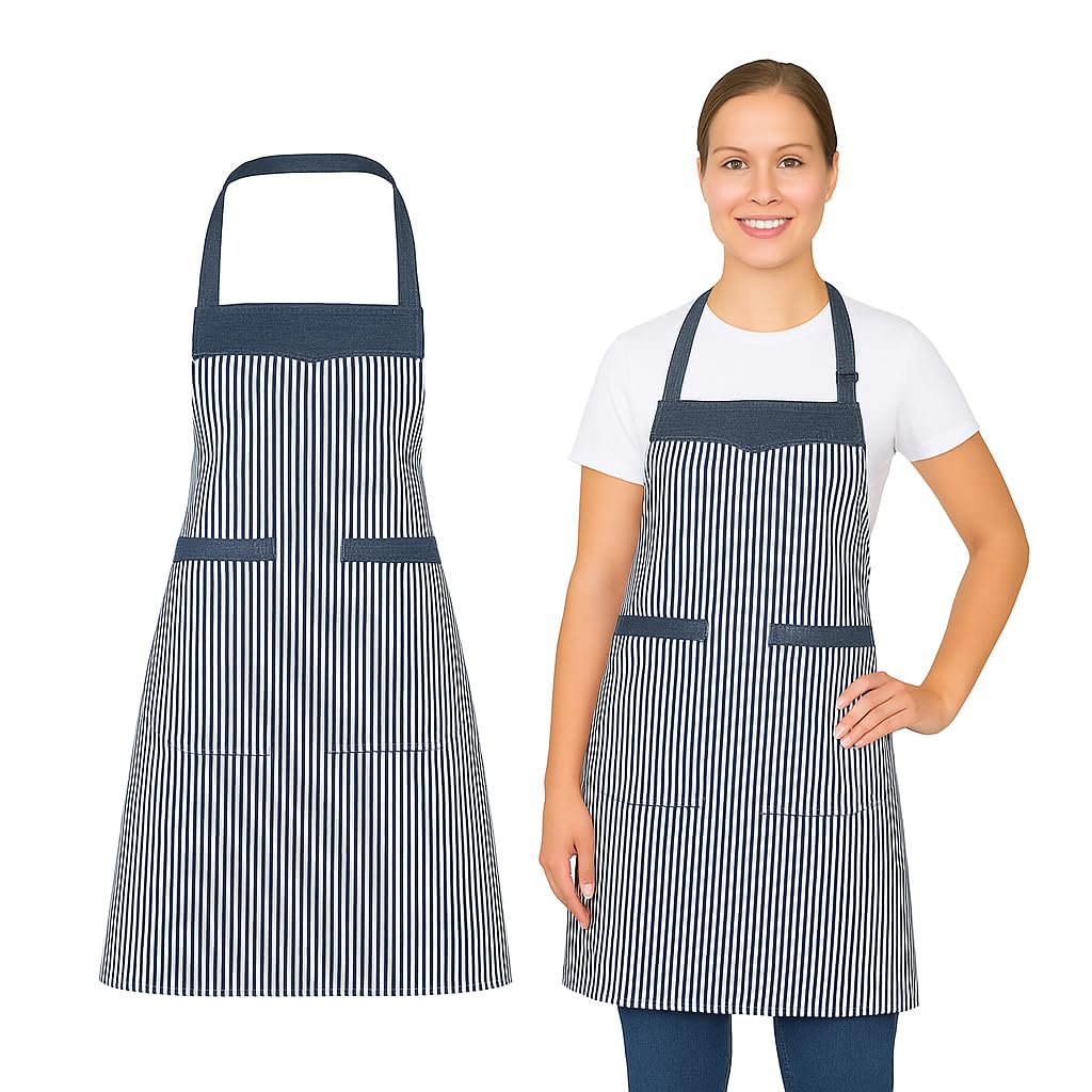 DC VOLTAGE 2 Pcs Adjustable Cotton Aprons with 2 Pockets for Women Men Unisex Bib Aprons Black & White Striped Kitchen Butchers Chefs Home Kitchen Restaurant School College Coffee Gardening
