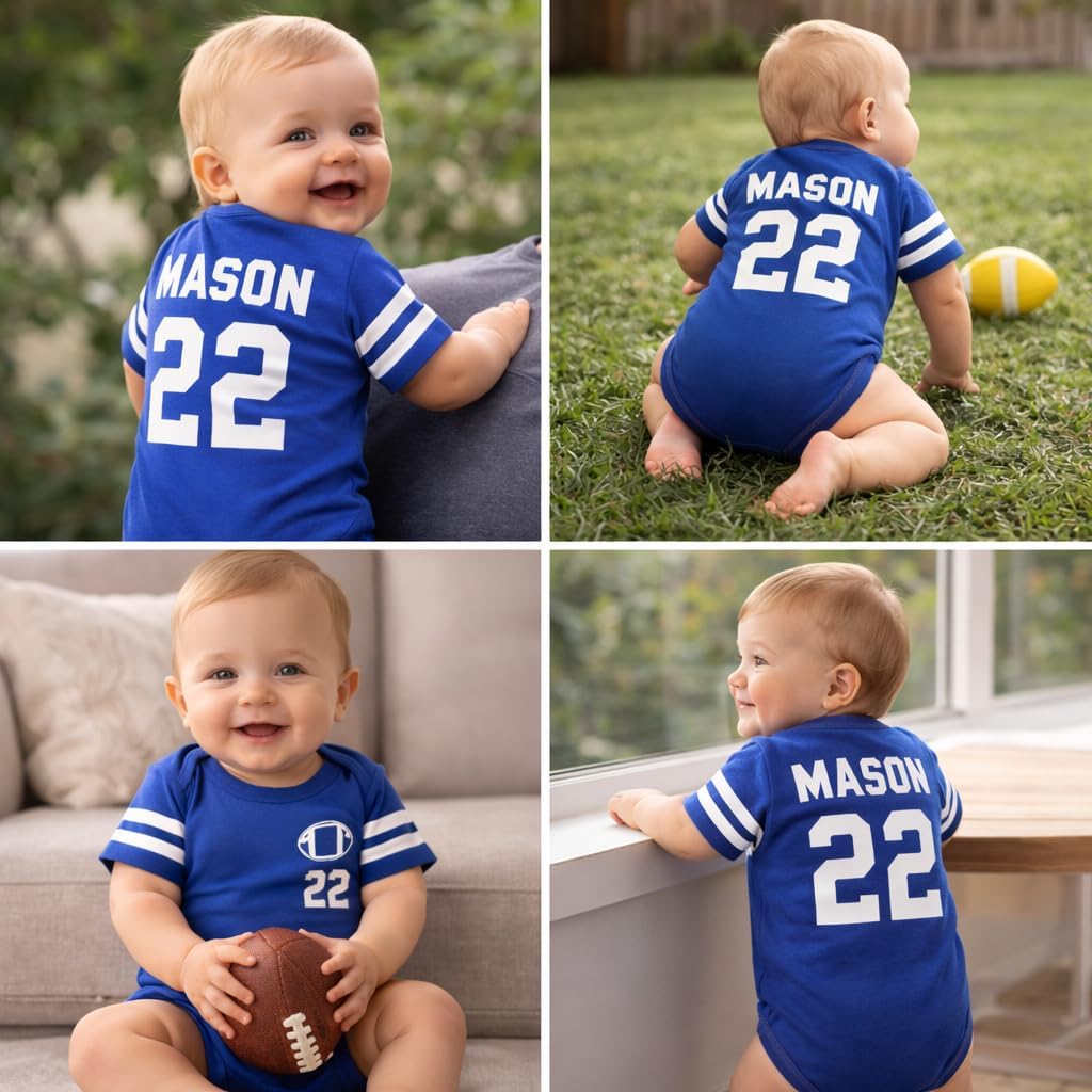 Cute Infant Football Fine Personalized Jersey Baby Bodysuit with Contrasting Sleeve Stripes