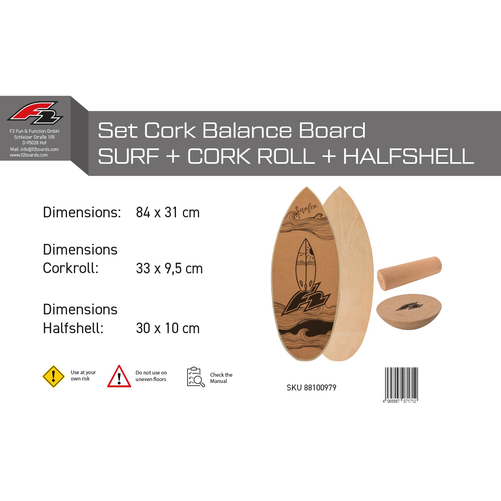 F2 Kork Balance Boards mit Korkrolle + Kork Halbkugel - Modell wählbar