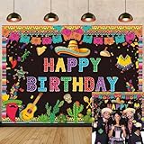 Mexican Happy Birthday Backdrop Mexico Fiesta Themed Cactus Taco Photography Background for Colorful Carnival Bday Party Decorations Banner (82x59 inch (7x5FT))