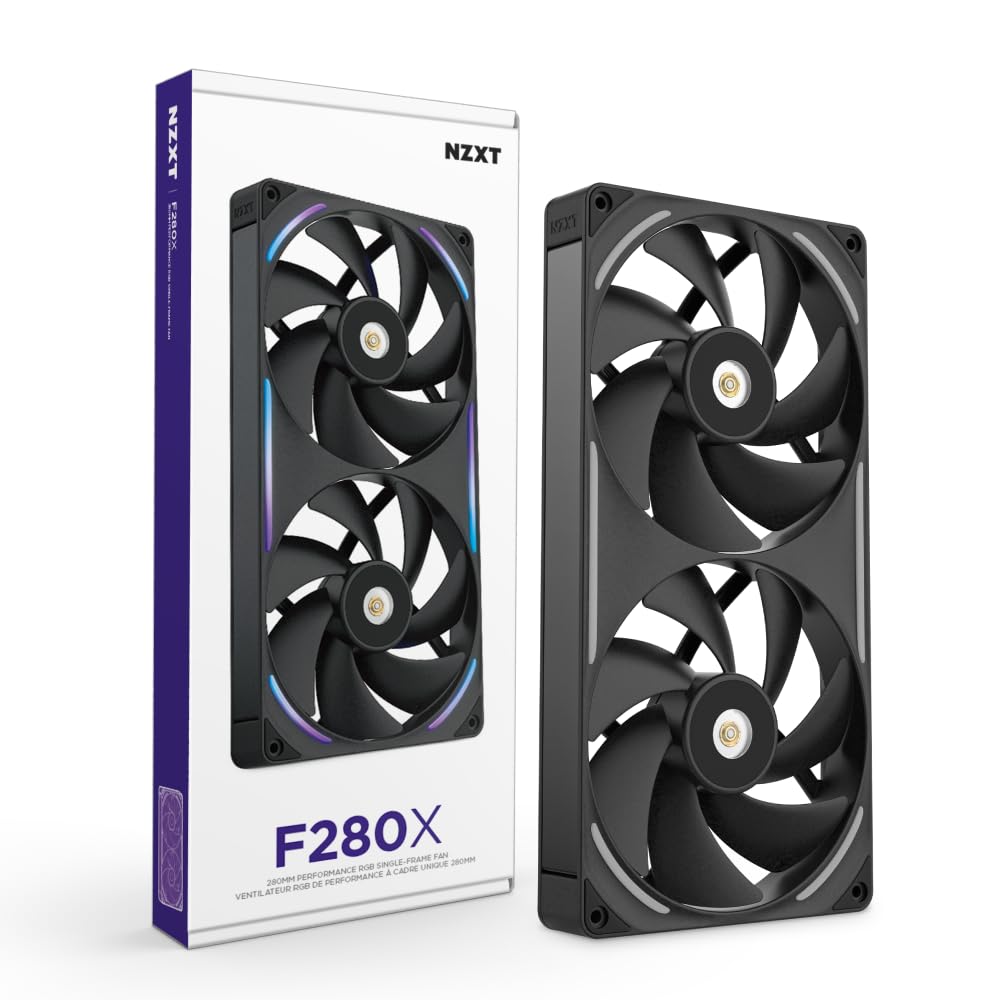 NZXT F280X - 280mm single-frame PWM RGB Performance-Lüfter - Schwarz | 280mm single-frame Einheit mit zwei 140mm RGB-Lüftern. Max. Airflow und statischer Druck, CAM-synchrone Beleuchtung.