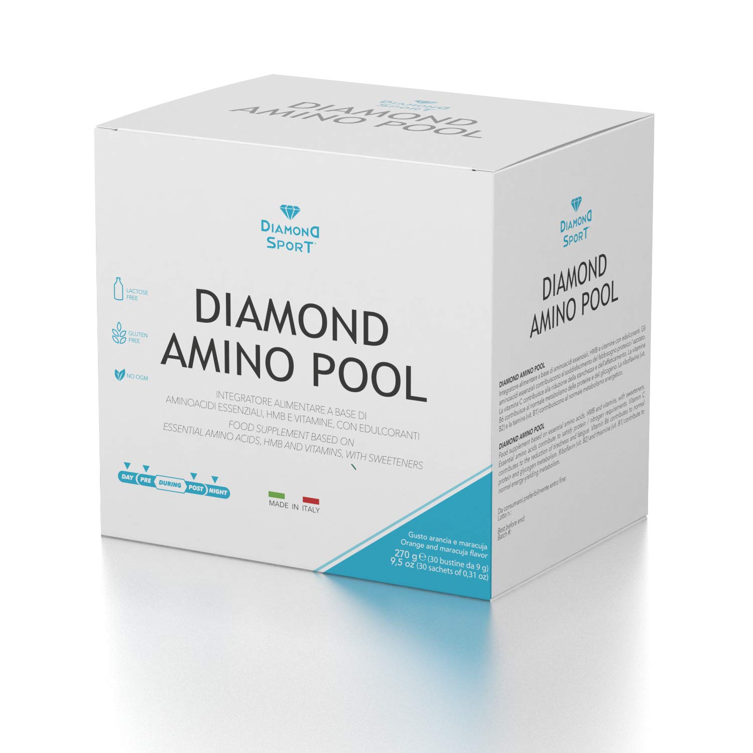 AMINO POOL - 8 Aminoacidi essenziali, HMB e Vitamine: C, B1, B6, B12-30 bustine x 9g - Zero calorie - Gusto arancia e maracuja - Senza glutine, Senza lattosio, No ogm - Diamond Life