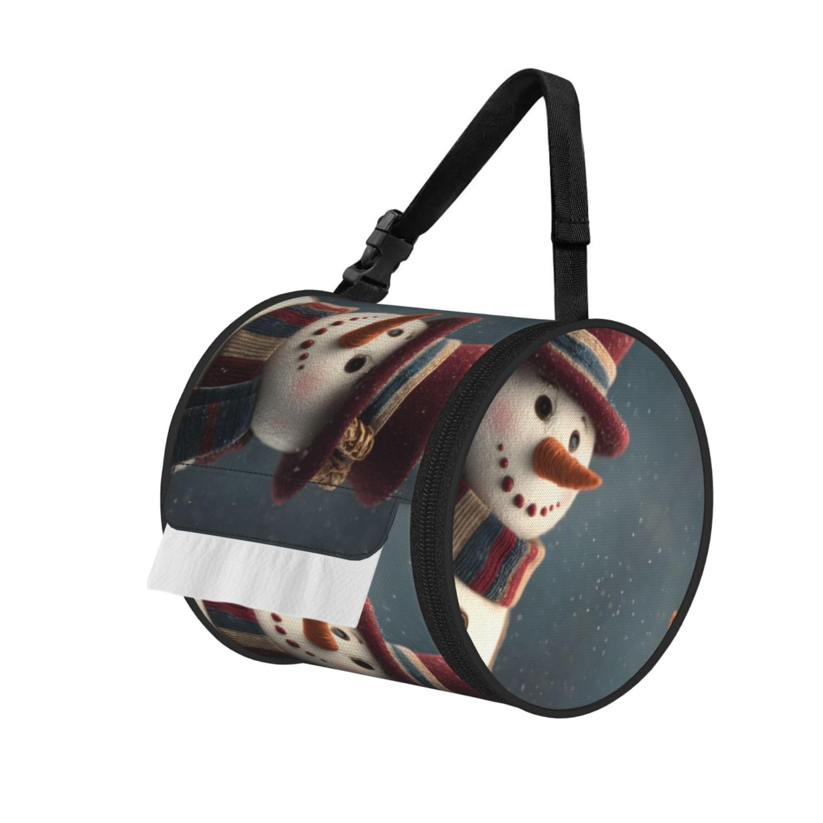 Christmas Happy Snowman Printed Cylindrical Tissue Bag Portable Oxford Cloth, Foldable Travel Tissue Holder With Zipper And Adjustable Belt