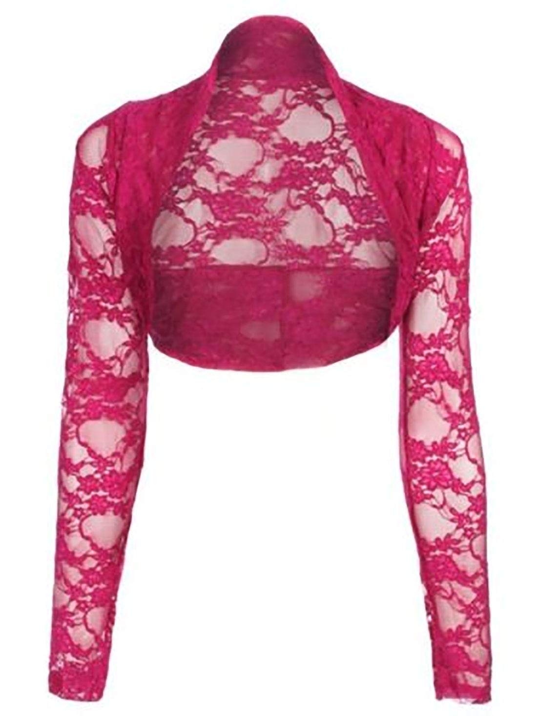 FAIRY TRENDZ Womens Cropped Floral Lace Bolero Shrug Ladies Long Sleeve Open Cardigan Crop Top Fuchsia