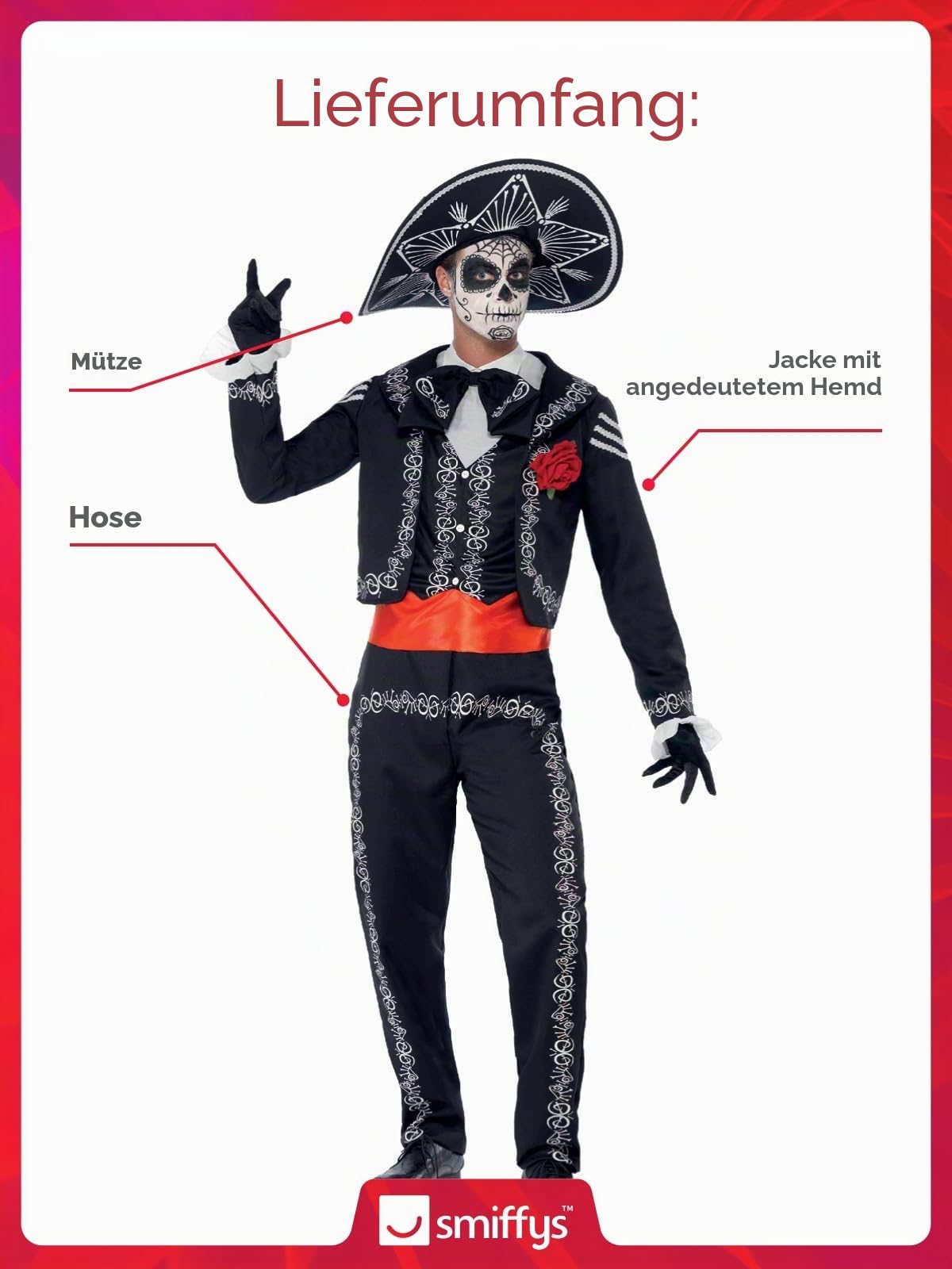 Smiffys, Herren Tag der Toten Senor Bones Kostüm, Jackett, Hose, Hemdattrappe und Hut, 43738 Halloween