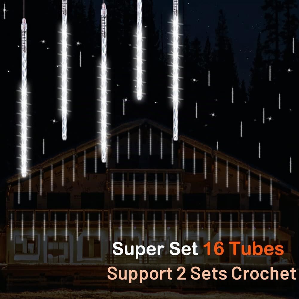Lumières de Noël extérieures, Lumières de pluie de météores avec 16 tubes spirales (30cm 480 LEDs) longueur 5,25m, Lampe à glaçons étanche pour la décoration de Noël en extérieur, Blanc