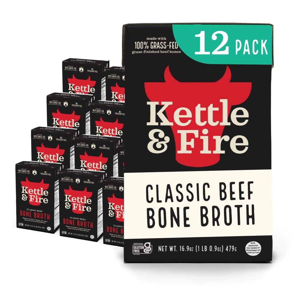 Kettle and Fire Classic Beef  Broth, Keto, Paleo, and Whole 30 Approved, Gluten Free, High in Protein and Collagen, 12 Pack