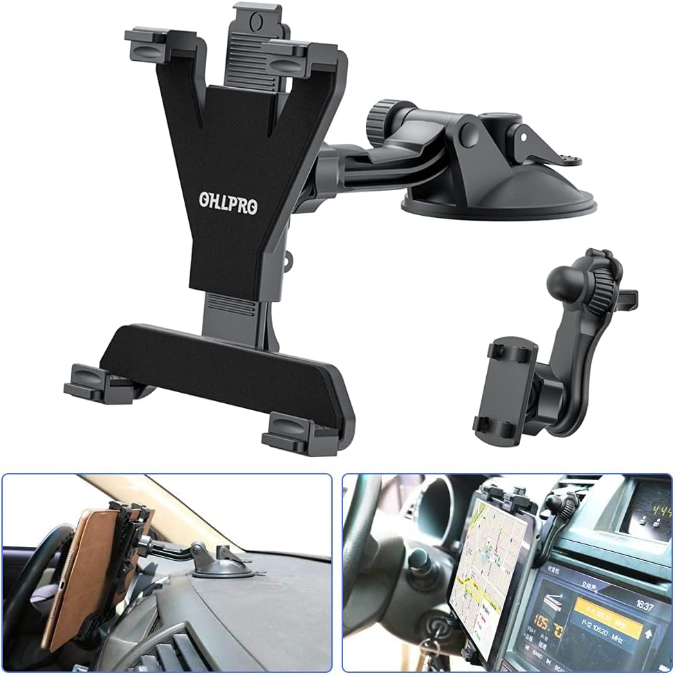 OHLPRO Dashboard Tablet Holder for Car, iPad Car Holder Suction Cup Mount Compatible with 7"-13" Tablets, Truck Windshield Vent with Flexible Arm Clip, Sturdy Adjustable Design, 360° Rotation, Black