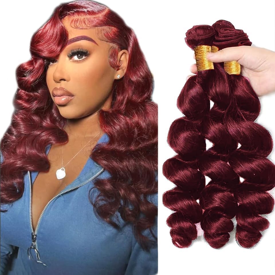 #99J Burgundy Bundles Human Hair Wine Red Loose Deep Wave Human Hair Bundles 28 30 32 Inch SeeGovie Unprocessed Brazilian Virgin Hair Color 99J Loose Wave 3 Bundle Human Hair Extensions 150 Gram