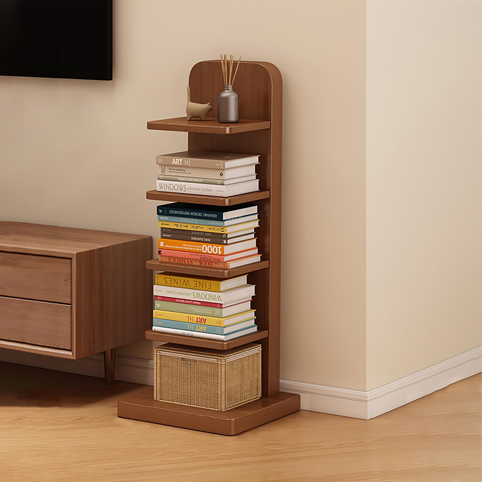 Organizador independiente vertical de madera con estantes y torre de libros estrecha