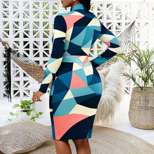 Image of MsavigVice Bodycon Dress Women Mandarin Collar Long Sleeve Knee Length | Vibrant abstract prints with bold varied hues, soft stretch fabric contours curves for sleek versatile everyday styling
