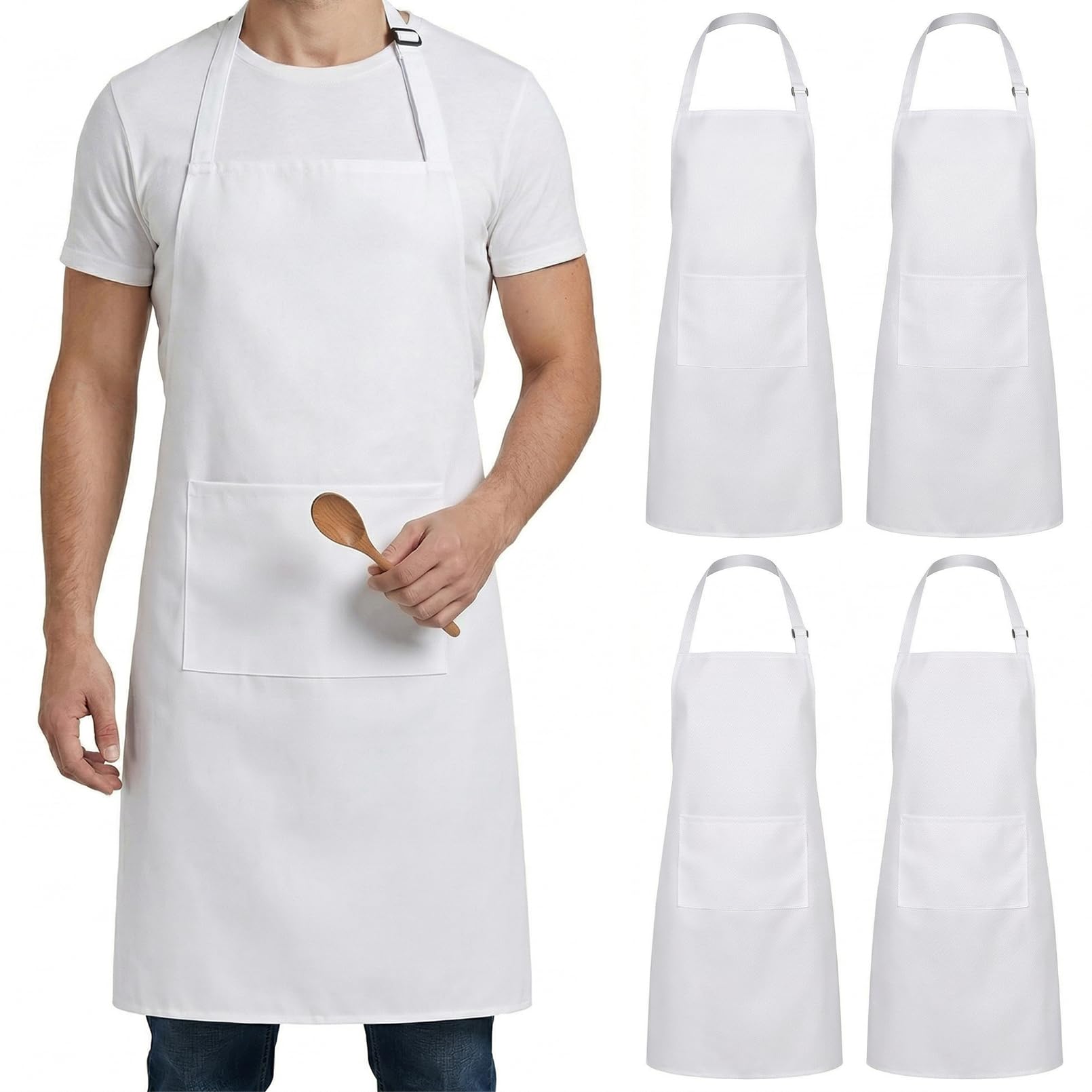 Preocea Women's White 4 Pack Chef Aprons, Adjustable Apron With 2 Pockets, Waterproof Polyester Kitchen Apron For Men, Cooking Aprons With Long Ties For Cooking Restaurant Bbq Baking