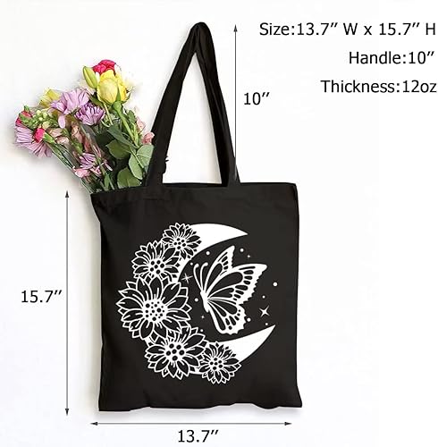 Miniatura 4 de SAUIVD - Bolsa de lona de algodón con diseño floral y luna, bonita bolsa de compras para mujeres