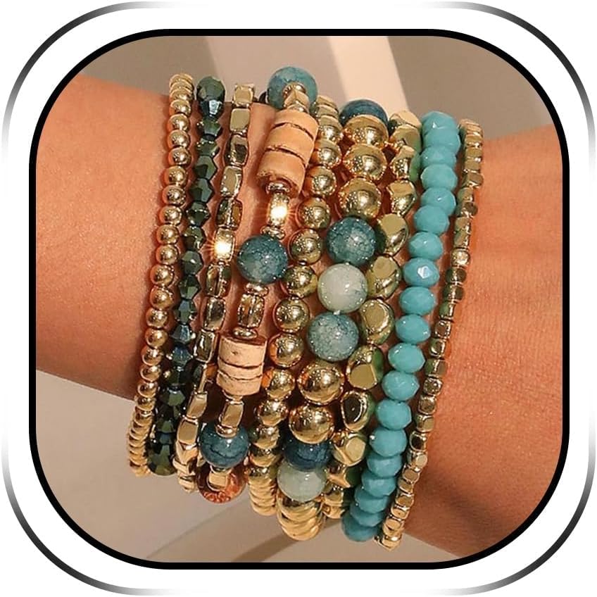 Boho Stackable Bracelets for Women, 9 Pcs Blue Gold Beaded Bracelet Set, Stretch Natural Stone Layered Bohemian Jewelry, Summer Beach Wrap Bracelets Gift