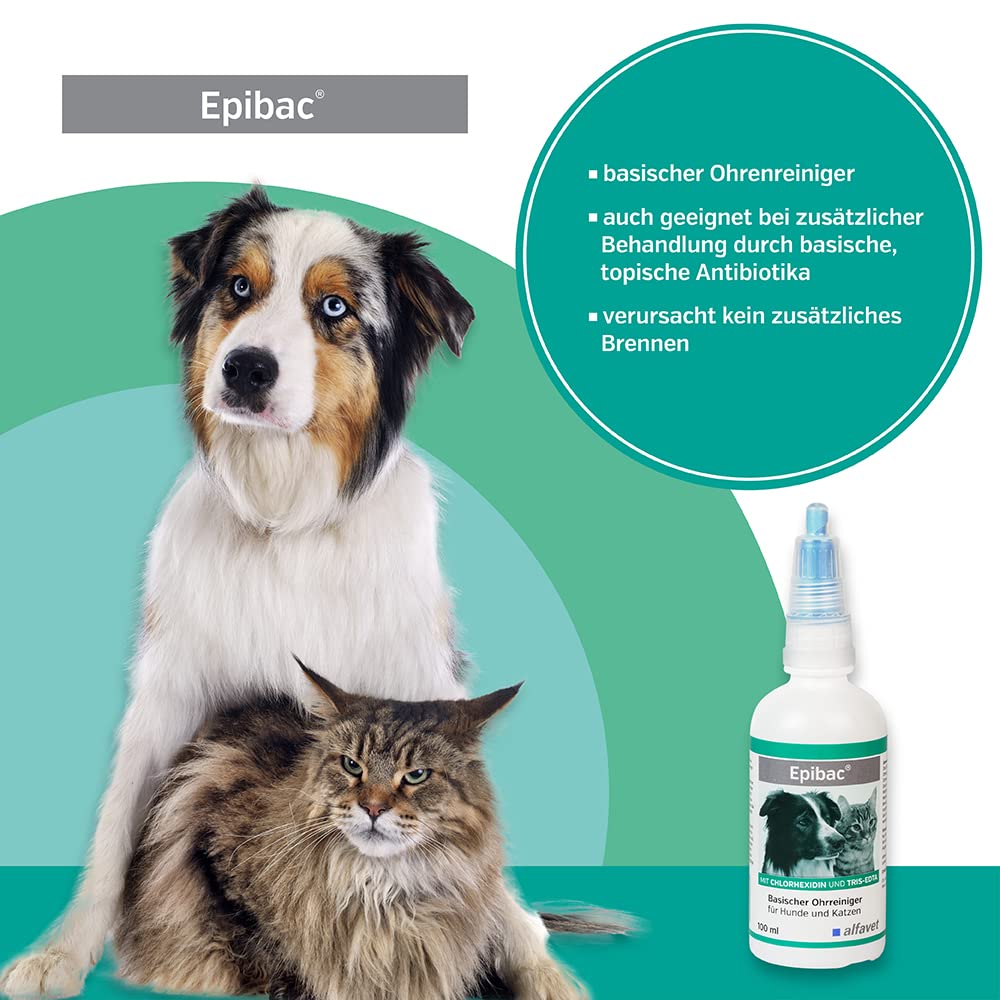 Alfavet Epibac, Doppelpack, basischer, sehr milder Ohrreiniger für Hunde und Katzen mit Chlorhexidin und Tris-EDTA, 2 x 100ml