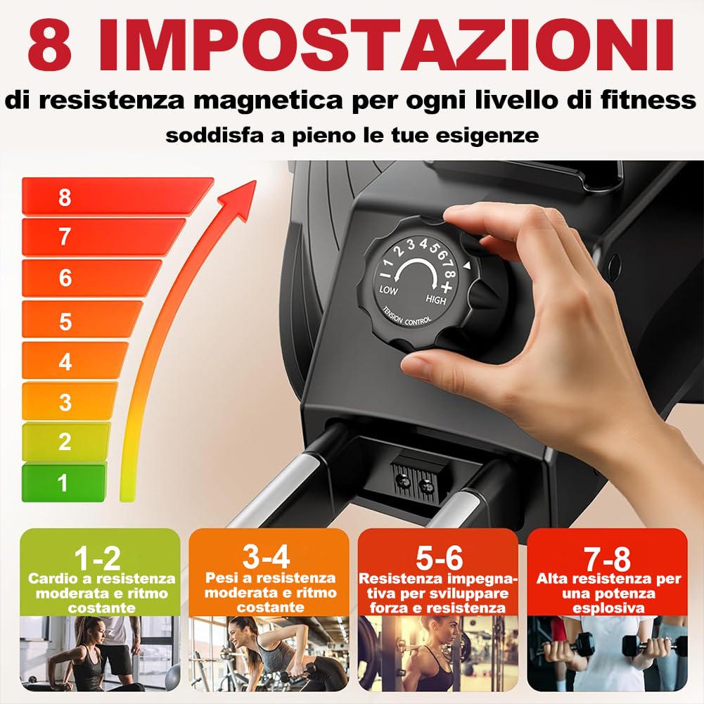 BAKAJI Vogatore Pieghevole con 8 Livelli di Resistenza e Sistema di Chiusura Salvaspazio e Spostamento con Rotelle Ergonomiche, Rematore Silenzioso da Palestra Fitness Home Gym per Cardio