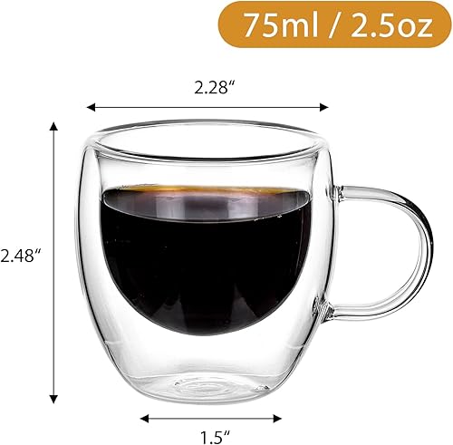 Miniatura 2 de Moretoes Tazas de café de 2.5 onzas con asas, tazas de café de vidrio de doble pared, taza de café transparente aislada, juego de 2