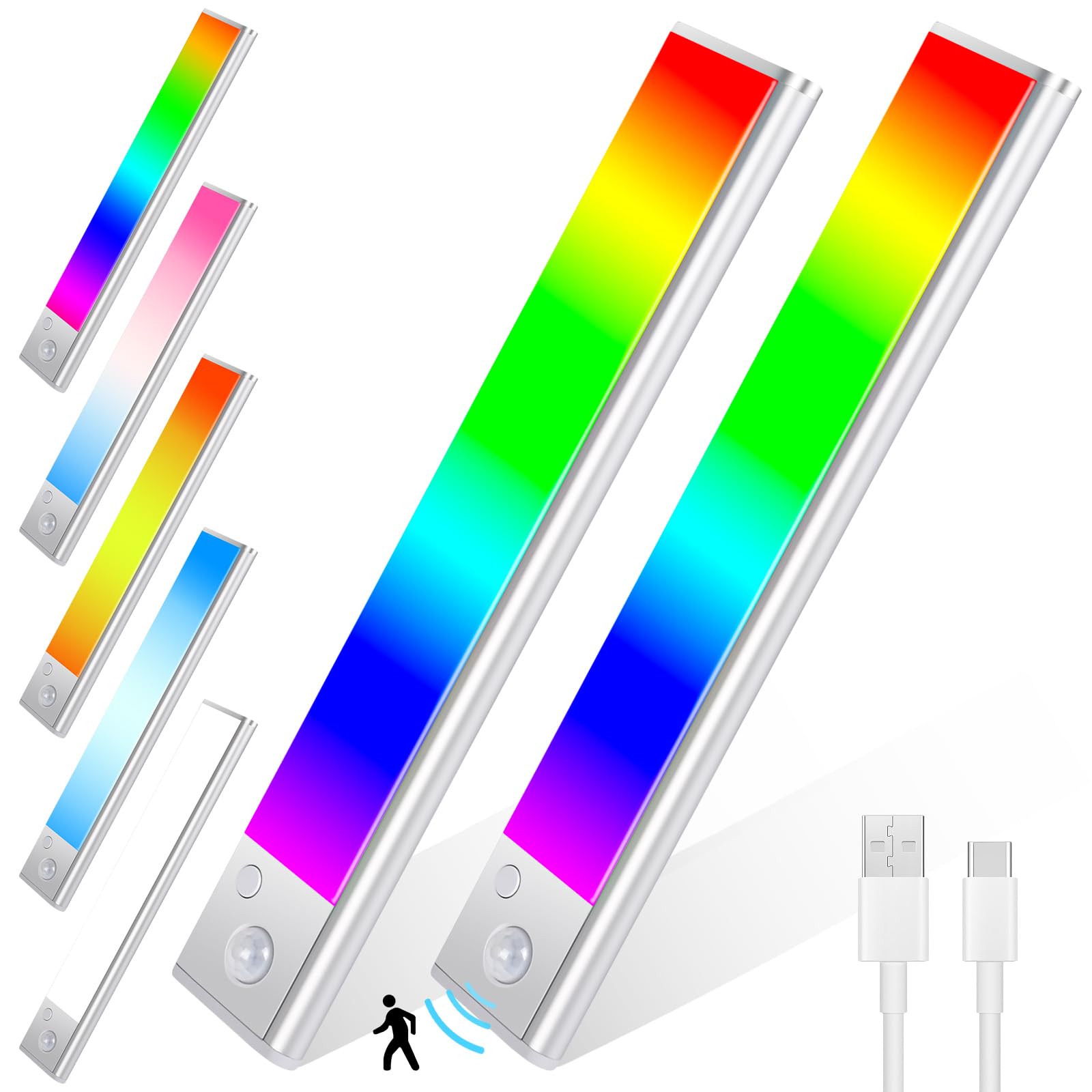 Euakee 2 Stück 23CM RGB IC LED Lightbar Kabellos mit Bewegungsmelder, Unterbauleuchte Küche Dimmbar Schrankbeleuchtung, Lichtleiste Aufladbar USB Nachtlicht für Schlafzimmer Spielzimmer Dekoration