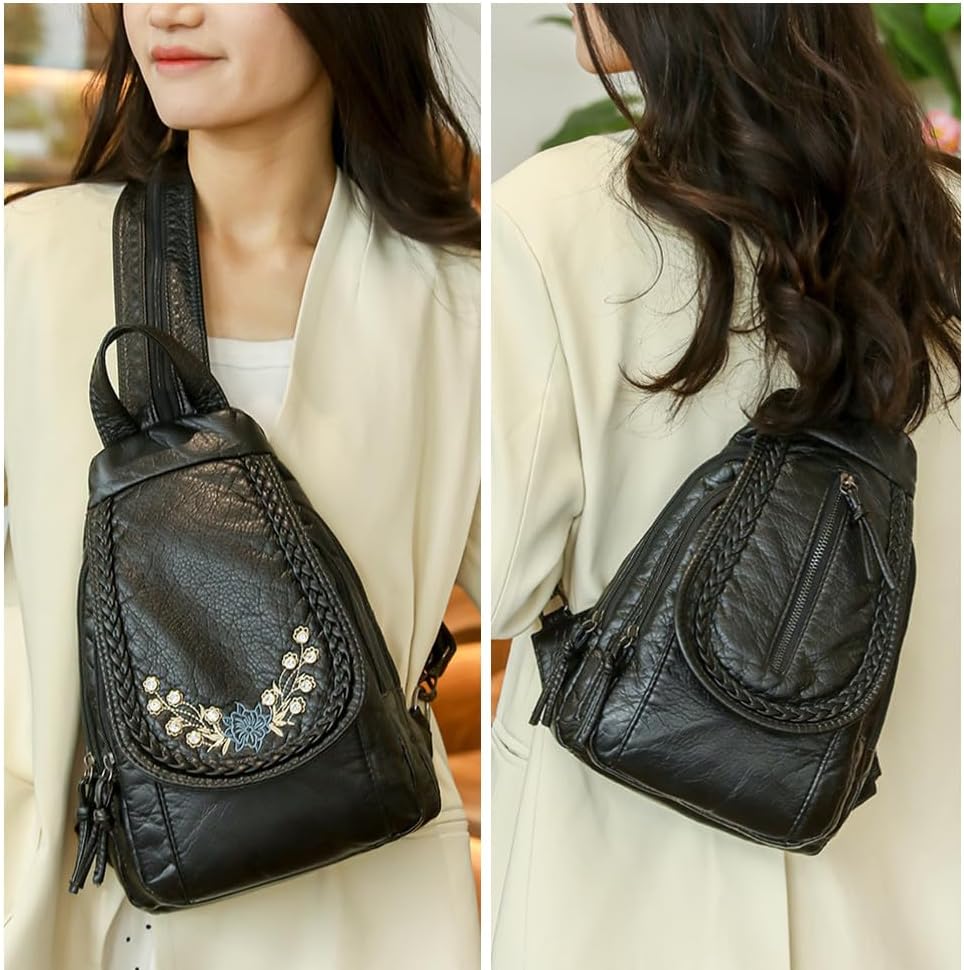 Faux Leather Convertible Sling Backpack Travel Hiking Crossbody Shoulder Bag for Women, Black 4