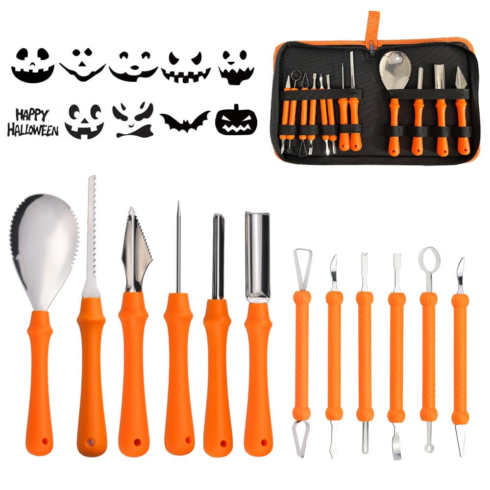 Kit de Calabaza Tallado de Halloween, 12 Piezas Juego de Tallado de Calabaza, Kit de Tallar de Calabazas con Plantillas y Estuche de Transporte, Pumpkin Carving Kit para Adultos y Niños