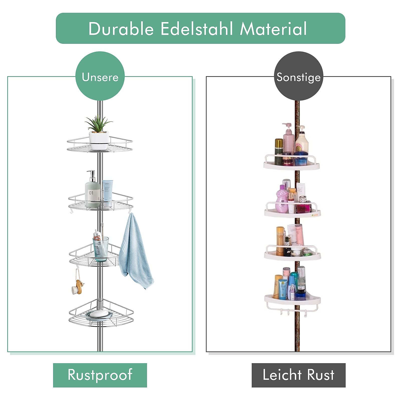 Duschregal Teleskop, Teleskopregal Bad Eckregal Edelstahl Regal Fuer Bad Dusch Teleskopstange Eckregal Duschregal Ohne Bohren Badewannenregal Eckduschregal Höhenverstellbar von 190-310cm Silber