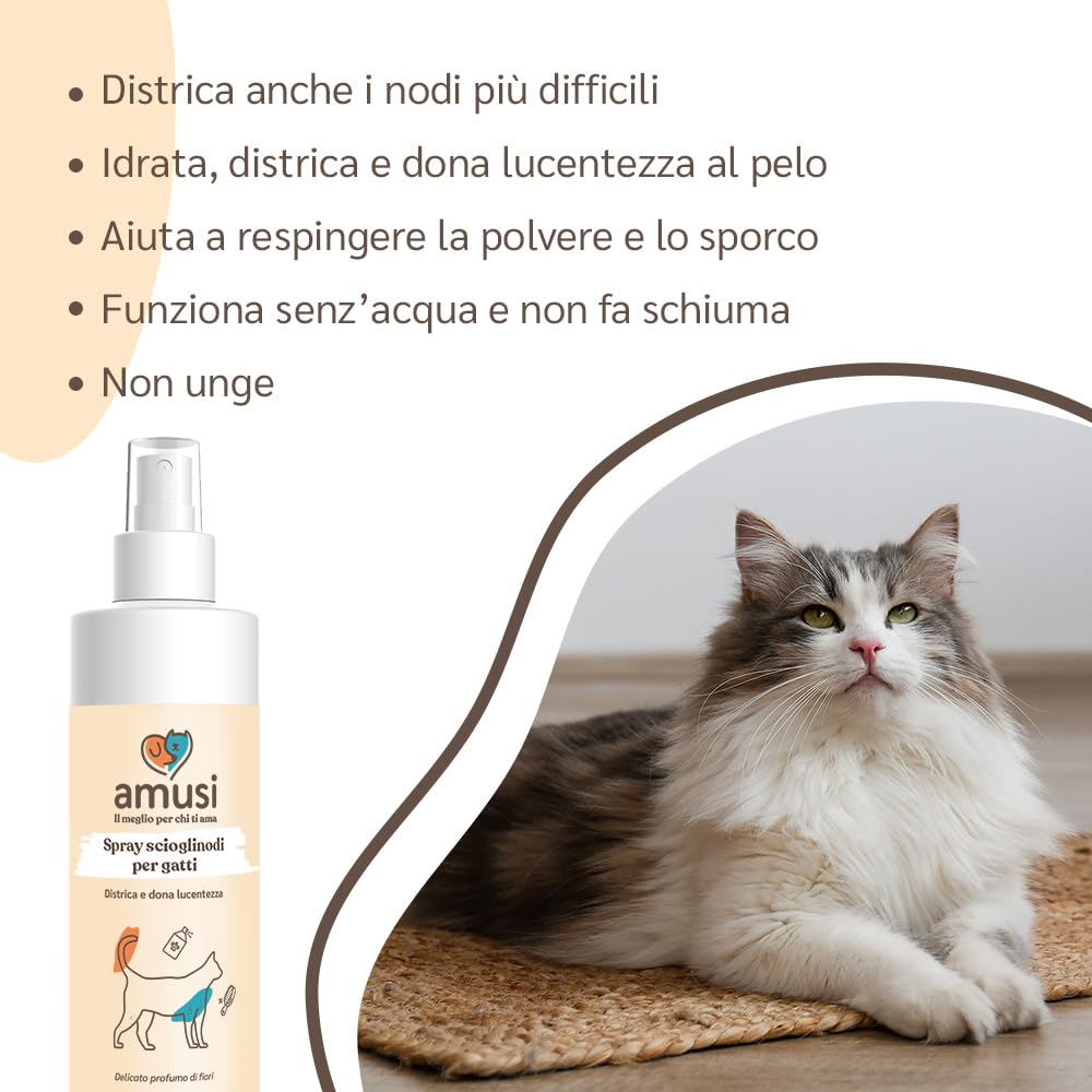 amusi Spray Snoda Pelo per gatti 250 ml 100% Naturale e Vegano - Sciogli Nodi e Districante Gatti - Rende il Pelo morbido e lucente - Non necessita di Risciacquo e Profuma. Per Tutti i Tipi di Pelo