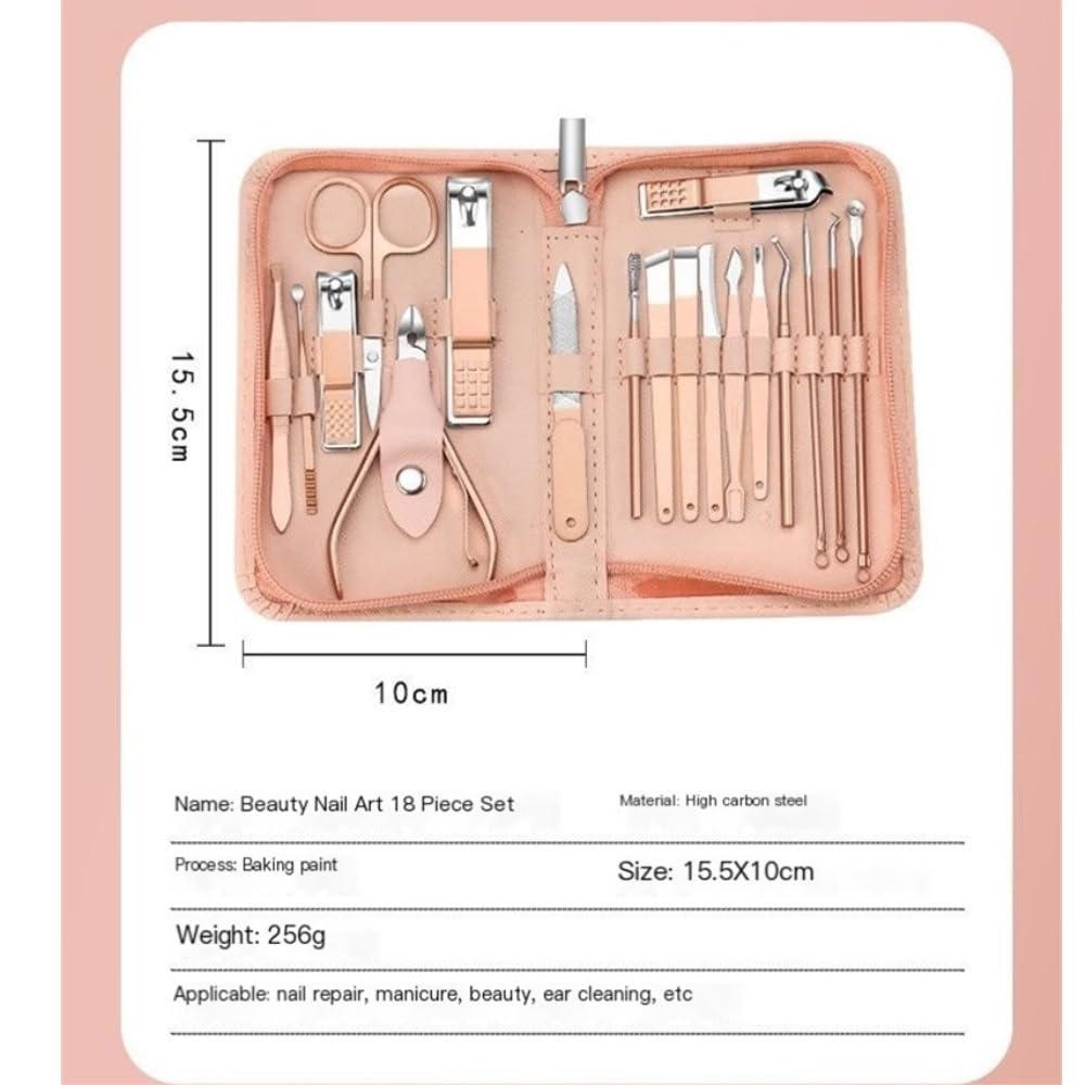 Set de manicura de Acero Inoxidable de 18 Piezas con cortaúñas y Estuche con Cremallera para pies, Dedos de los pies y Manos.