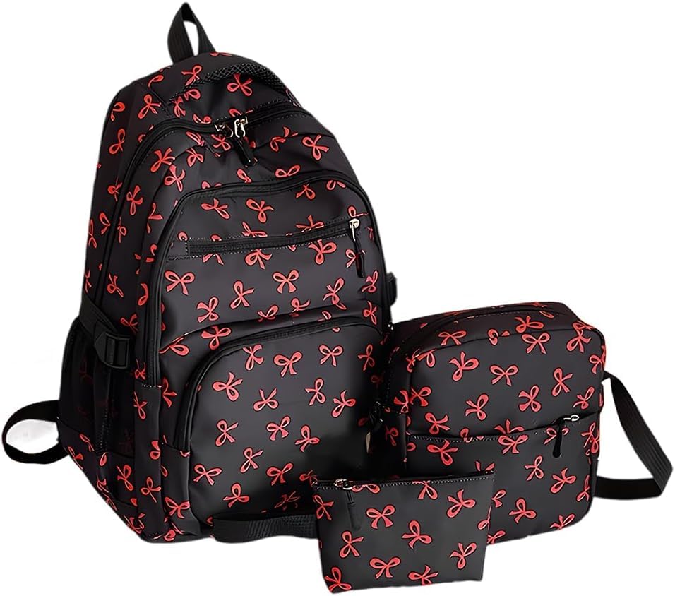 Bow Backpack For Women Coquette Aesthetic Nylon Rucksack, 3 Pcs Cute Kawaii Backpack Set, 2025 New Bow Backpack Bags Set(red)