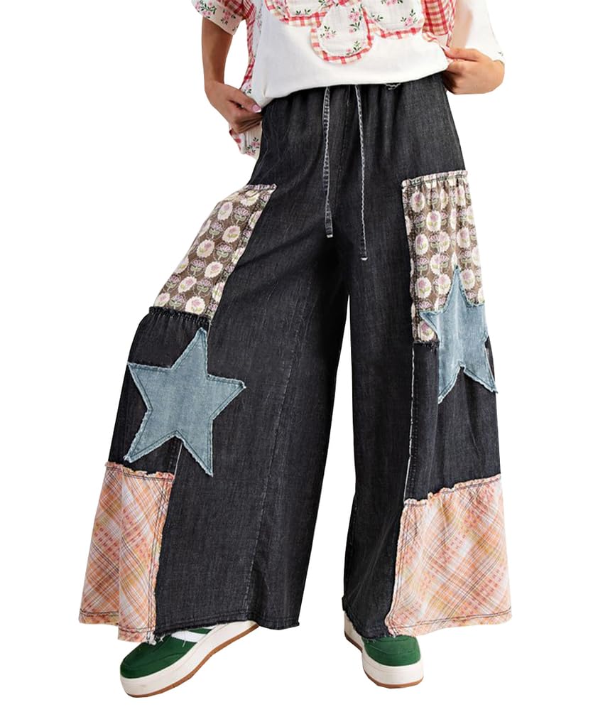 Womens Drawstring Elastic Waist Wide Leg Pants Casual Loose Printed Applique Patchwork Flowy Pants Trousers