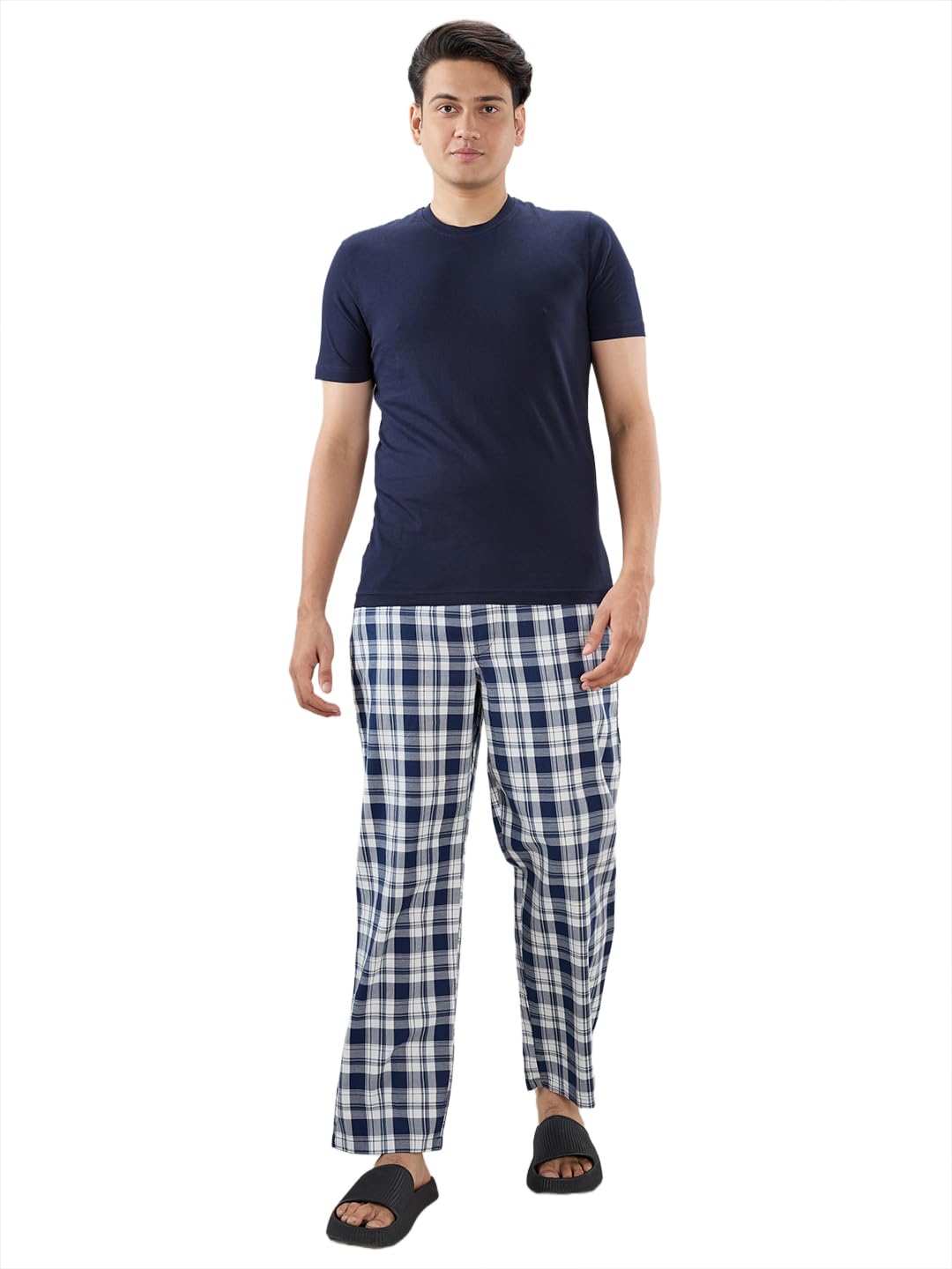sleepz by raymond Men Regular Fit Checks Pattern Pure Cotton Round Neck Half Sleeve Lounge wear T-Shirt Pyjama Combo-picture-38