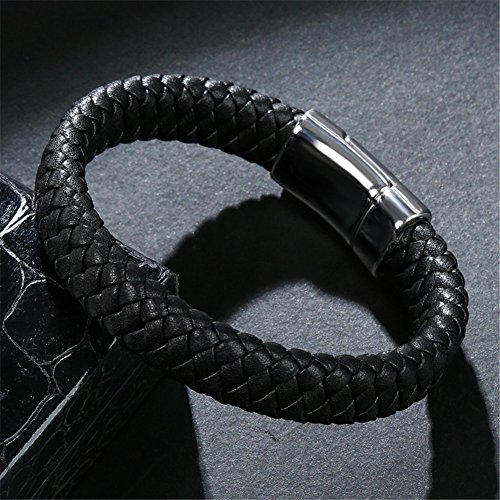 LiFashion LF Mens Stainless Steel Genuine Braided Leather Wristband Knights Templar Malta Christ Cross Leather Cuff Bracelet Bangle for Him Christian Holy Jewelry,20cm