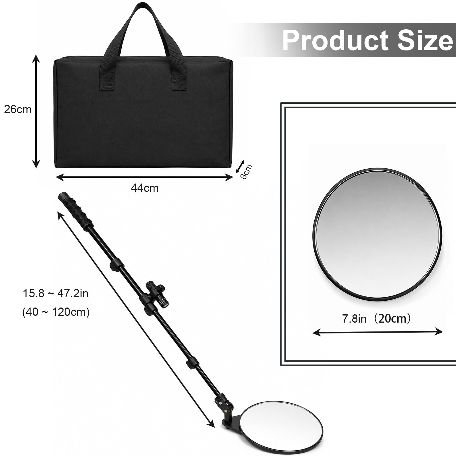 Home Care Wholesale Specchietto di ispezione telescopico per Veicoli con Manico Regolabile | Specchio di sicurezza, con luce LED, lunghezza di regolazione 40-120 cm