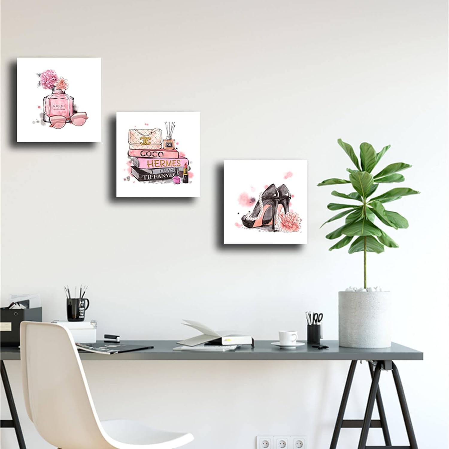 Meetdeceny Pink Wall Art Fashion Woman Wall Decor Pictures Perfume High Heels handbag Artwork for teen girls room decor photos Decoration for Bathroom Bedroom Office 14"x14"x3 - Image 2