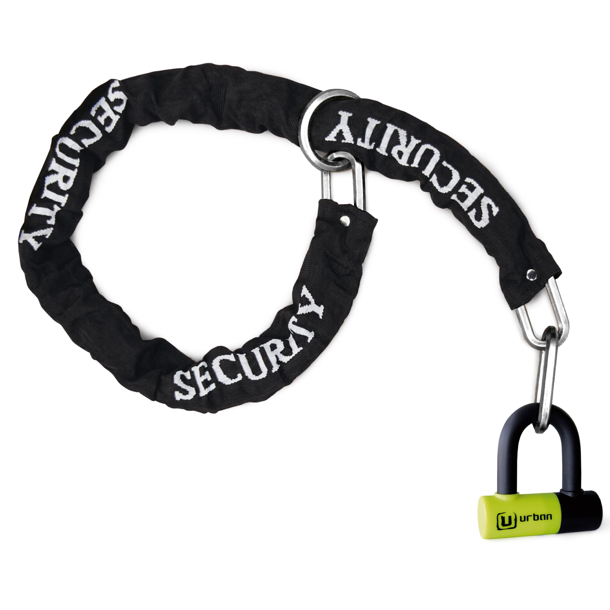 URBAN UR59120 - Lucchetto antifurto mini U con catena con fiocco da 120 cm, doppia funzione più sicura per lucchetto moto disco, serratura ad alta sicurezza e doppia chiusura, antifurto universale per