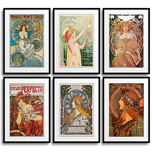 MONOKO® Alfons Mucha - Set di immagini Jugendstil, poster vintage, stampe artistiche da parete, per soggiorno, 6 x A4, senza cornice